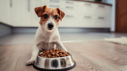 Close up puppy eating food in sunlit kitchen, concept of pet care, animal behavior with copyspace
