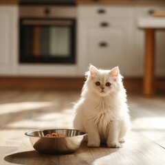 Close up of kitten eating food on blurred kitchen background with copy space, pet care concept, animal behavior
