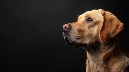   A dog's face, closely framed against a black backdrop, gazes intently upwards