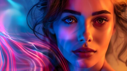 Portrait of a young woman with a futuristic, color-changing background. Concept Portrait Photography, Futuristic Background, Color-changing Lights, Young Model, Creative Poses