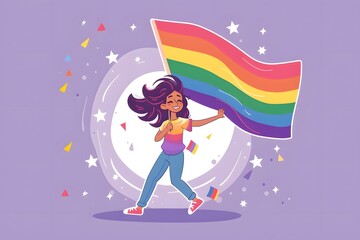 Cute cartoon woman with rainbow LGBTQ and transgender flag celebrate pride month on background.