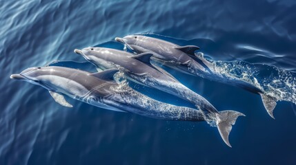   Three dolphins swim in the ocean, heads and tails above water's surface