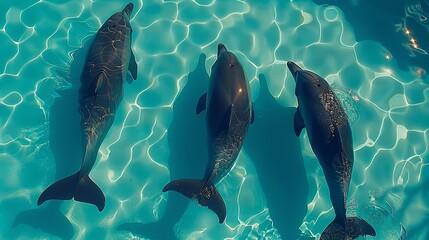   Three dolphins swimming in a sunlit pool, water reflecting sunlight