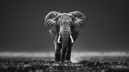   A black-and-white image of an elephant with tusks and no tusks on its ears