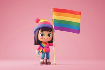 Cute 3d cartoon character with rainbow LGBTQ and transgender flag celebrate pride month on background.