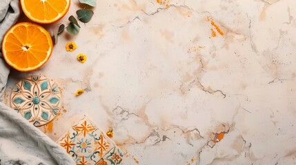   A marble table, adorned with oranges and leaves atop it, features a towel alongside