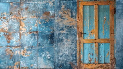   A blue wall adorned with peeling paint, contrasts a worn wooden door, similarly afflicted