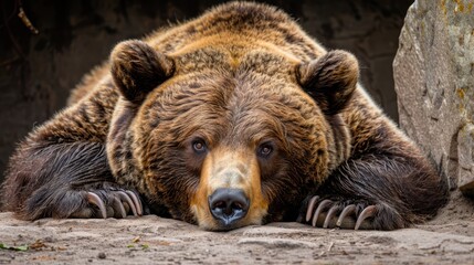   A large brown bear reclines near a dirt ground and a towering stone wall Behind it, a solitary rock stands in the backdrop