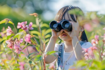 A young girl is observing through a pair of binoculars, focused and curious about her surroundings