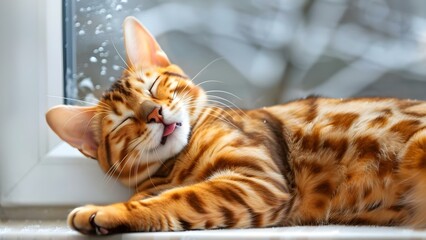 Grooming Bengal Cat on Windowsill Displaying Spines and Tongue. Concept Pet care, Grooming tips, Bengal cats, Windowsill activities, Displaying unique features