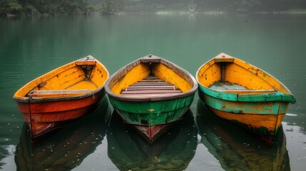   Three boats bob on a body of water, adjacent to a forest-covered hillside teeming with verdant...