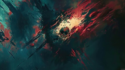 artistic illustration dark fantasy nightmare slumber land, skull with grungy color explode, Generative Ai