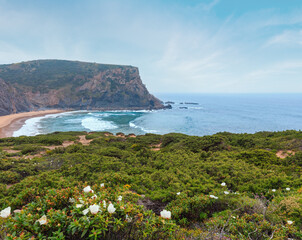 Summer blossoming Atlantic rocky coast view, Aljezur, Algarve west, Costa Vicentina, Portugal.