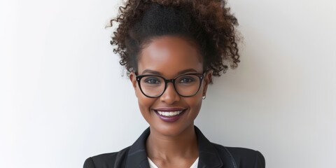 A woman with glasses and a blazer standing confidently