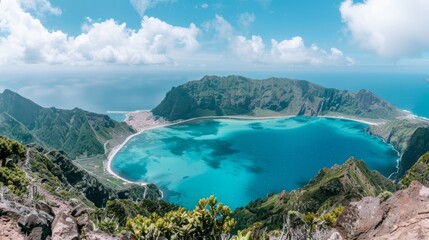   A large body of water lies atop a mountain, adjacent to a lush, forested expanse teeming with numerous trees