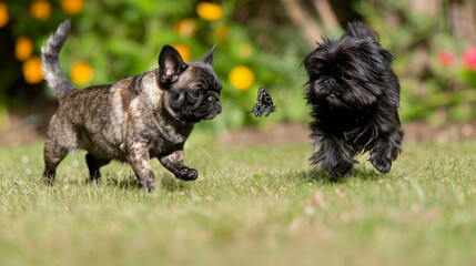   Two small dogs joyfully run through the lush grass One dog carries a butterfly gently in its mouth; the other gazes at a beautiful flower behind them