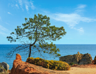 Summer Atlantic coast view with red clayey and yellow limestony cliffs near beach Praia de Sao Rafael , Albufeira, Algarve, Portugal.
