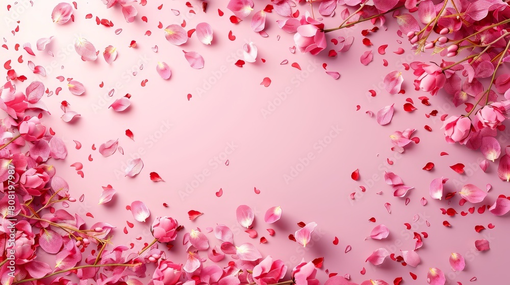 Poster   A pink background filled with pink flowers and petals at its bottom