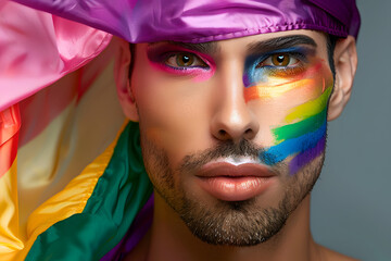 Young gay man with make up standing against LGBTQ flag. Happy pride month.