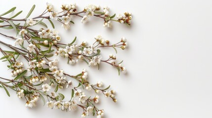   A pristine white branch adorned with lush green leaves and a cascade of pure white blossoms, set against an uncluttered white backdrop Text space