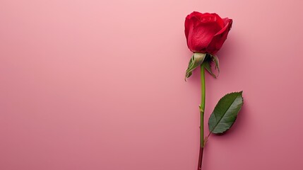   A solitary red rose atop a pink backdrop, beside a verdant green stem's end