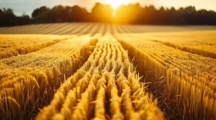   A large field of ripe wheat with the sun setting in the distance Over the wheeled seeds, the sun sinks on the horizon