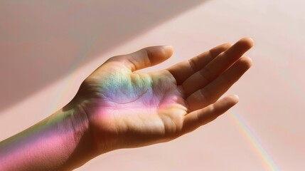   A hand with a vibrant hologram displaying multicolored patterns graces the palm of its left owner