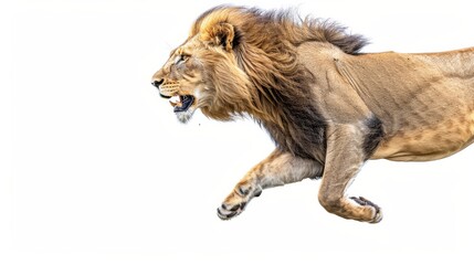   A lion jumps high with mouth agape and extended front paws - obrazy, fototapety, plakaty