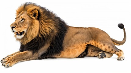   A tight shot of a lion lying on a pristine white background, head turned to the side, mouth agape