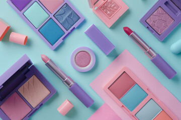 Makeup set with pastel color background, beauty and fashion concept flat lay of makeup products on table top view