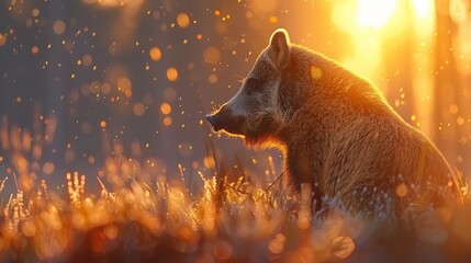   A brown bear sits in a sun-dappled grass field, surrounded by trees with sunlight filtering...