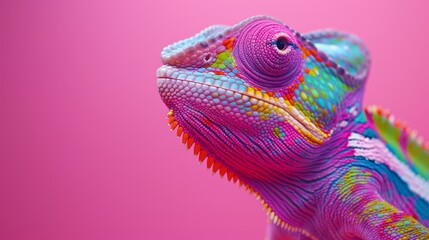   A tight shot of a vibrant chameleon against a pink backdrop Its image is softly blurred