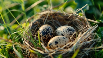Naklejka na ściany i meble A tight shot of three eggs in a bird's nest, nestled amidst a lush backdrop of emerald green grass Grass blankets the surroundings