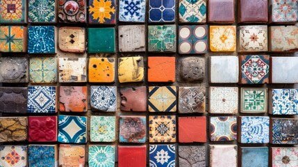  A tight shot of a mosaic wall, composed of diverse hues and assorted shapes and sizes of tiles