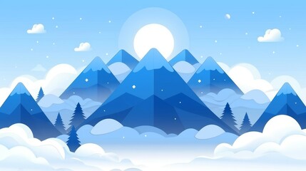   A snow-covered mountain backdrop with a full moon rising above, trees in the foreground, and clouds scattering before