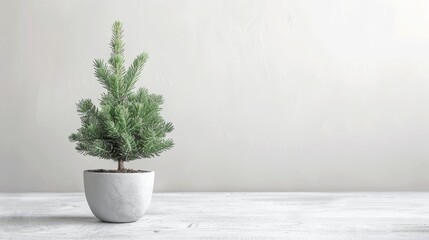   A tiny pine tree in a white pot sits on a table against a white wall Behind the tree, another white wall extends