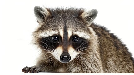   Raccoon gazing sadly at camera against white backdrop