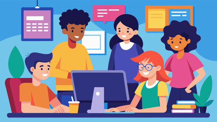 A group of teenagers working together to create a fun and engaging lesson plan for teaching basic computer skills to younger students.. Vector illustration