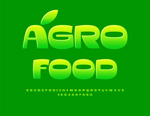 Vector eco icon Agro Food. Glossy Green Font. Creative Alphabet Letters, Numbers and Symbols.