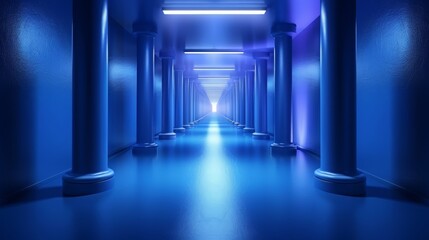   A long hallway is lined with columns At its end, a blue light softly glows