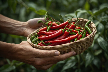 a hand holding a basket filled with freshly picked green and red chilli