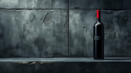   A bottle of wine on a ledge, situated in front of a red-lit wall