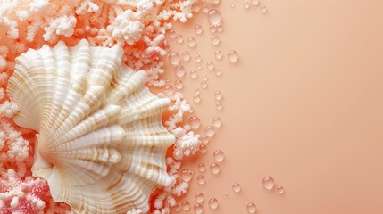   A tight shot of a seashell against a coral backdrop, featuring water droplets at its base