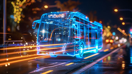 An atmospheric image that captures the mesmerizing lights of a bus cruising through the city streets at night, adding vibrancy to the cityscape.