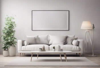 White living room with sofa and poster