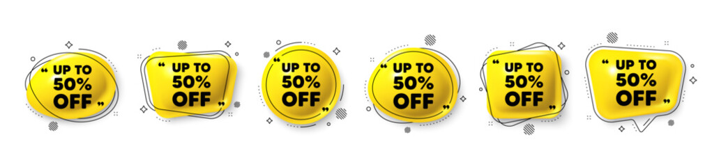 Up to 50 percent off sale. Speech bubble 3d icons set. Discount offer price sign. Special offer symbol. Save 50 percentages. Discount tag chat talk message. Speech bubble banners with comma. Vector