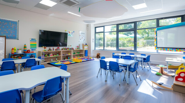 Modern school classroom with desks and chairs, UK English classroom interior,