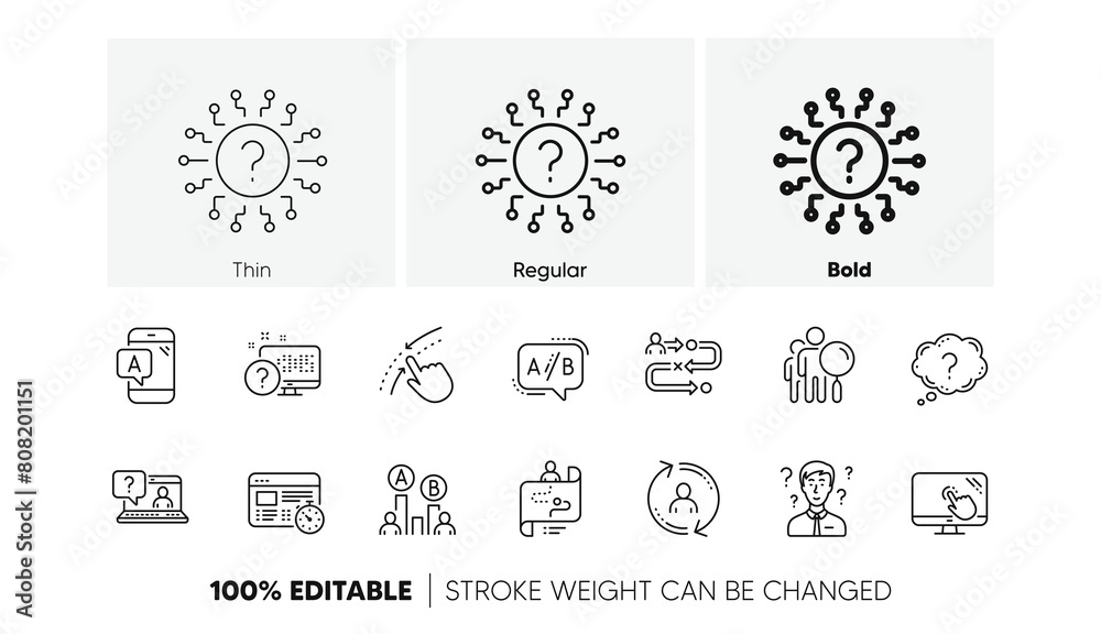 Poster ab testing, journey path map and question mark. ux line icons. quiz test linear icon set. line icons
