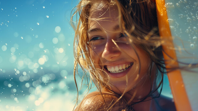 A cheerful woman with a surfboard enjoys a sunny day on the beach, her beaming smile reflects happiness and relaxation.
