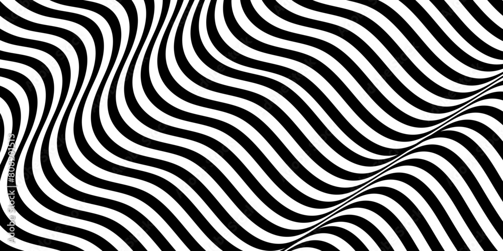 Sticker black on white abstract perspective line stripes with wave style. optical illusion with 3d dimension